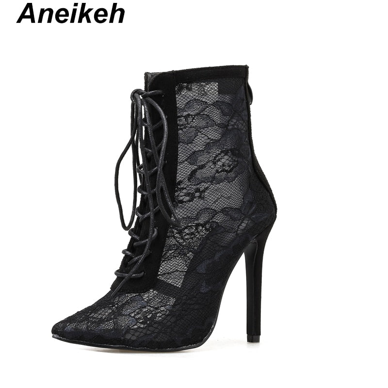 Women's Mesh Lace Up High Heel Boots Dsers