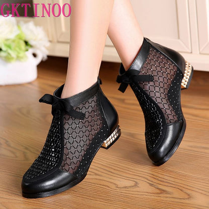 Women's Mesh Ankle Boots with Low Heel and Bow Dsers