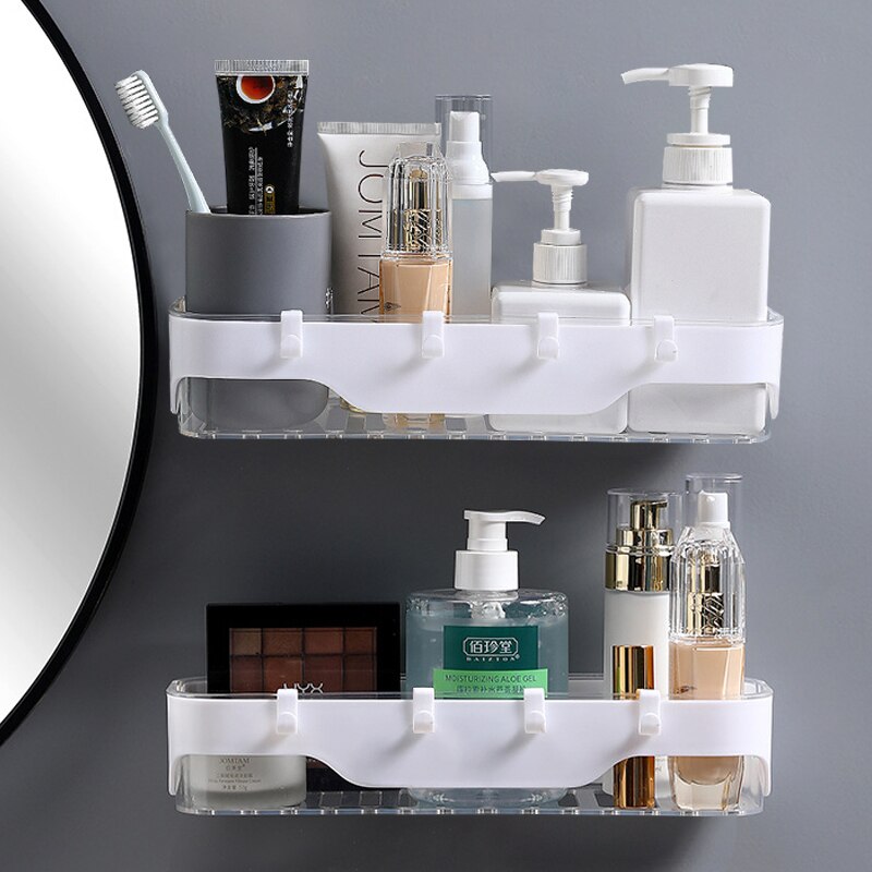 Wall-mounted Storage Rack Bathroom Shelf  For Kitchen With Hooks Storage Bathroom Accessories Without Drill Plastic Container Dsers