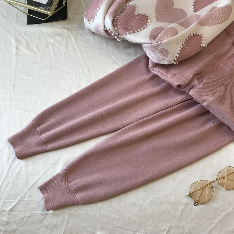 Women's Two Piece Pearl Heart Sweater and Matching Leggings Set Dsers