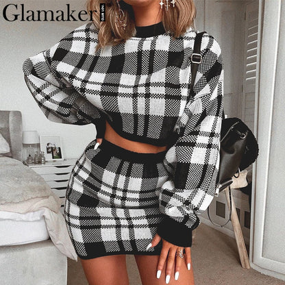 Women's 2 Piece Knit Sweater and Skirt Set in Plaid Dsers