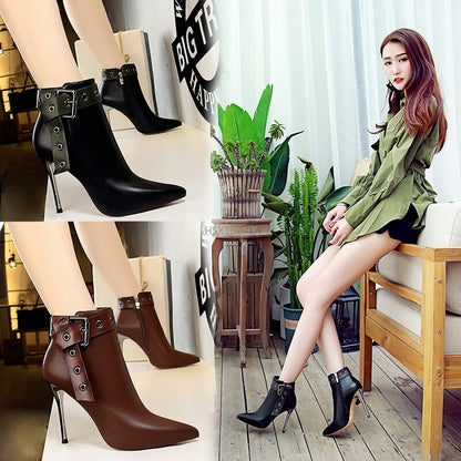 Winter Black Soft Leather Women's Boots Retro Belt Buckle Pointed Toe ankle Boots Side Zipper High Heels Shoes For Women Party Dsers