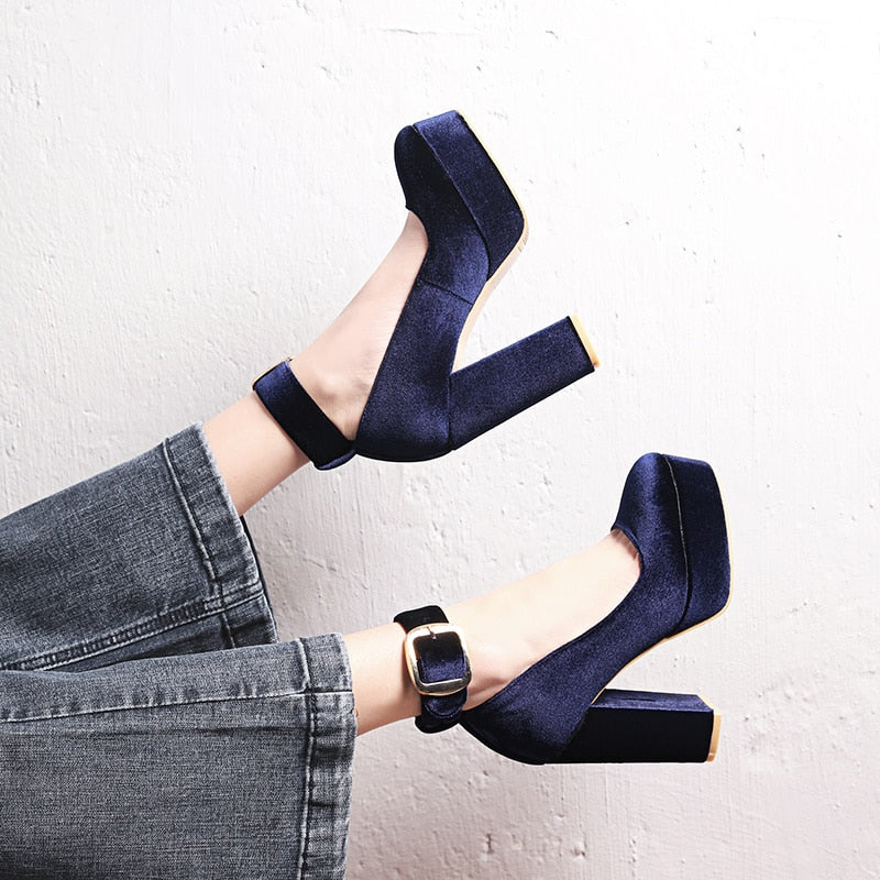 Women's Velvet Round Toe Platform Chunky Heels Wedge Heels Blue High Dsers