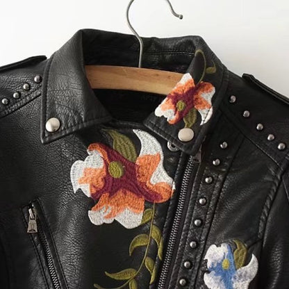 Women's Embroidered PU Leather Jacket Dsers