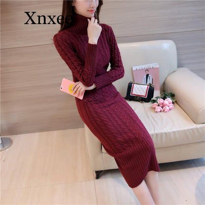 Vintage wool dress thickening knit dress Casual Knitted Sweater Dresses Dsers