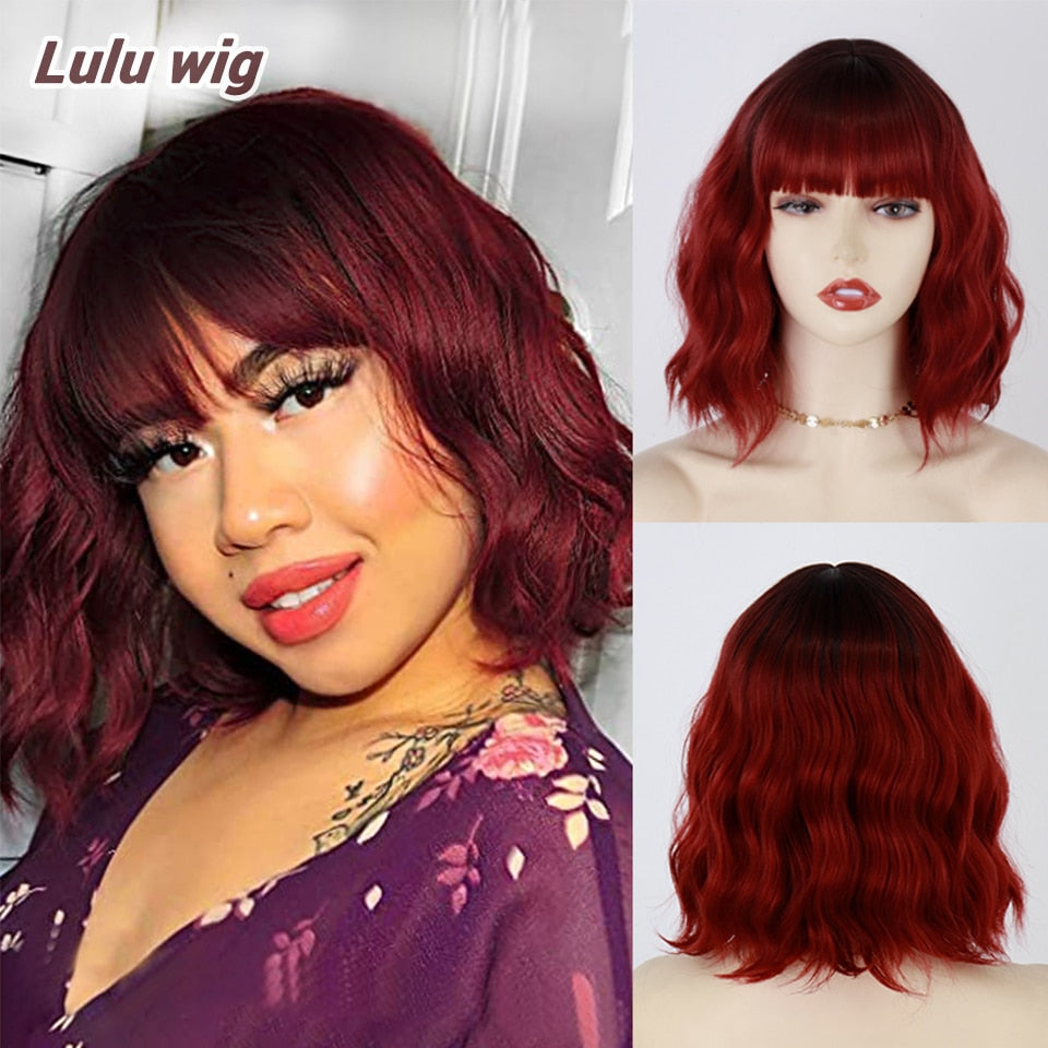 Short Bob Synthetic Wigs for Women Short Wavy Wigs with Bangs Wavy Bob Wig Wine Red Wig Heat Resistant Fiber Cosplay hair