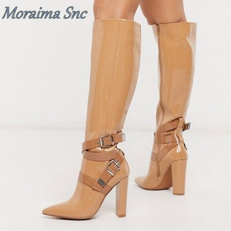 Moraima Snc Long Boots Patent Leather Buckle Pointed Toe Side Zipper Women Boots Knee High High Heel New Autumn Winter Shoes Dsers