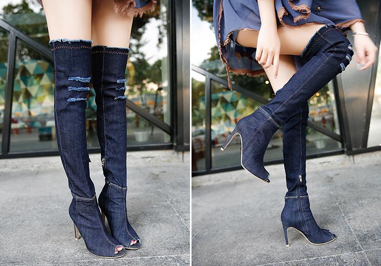 Women's Thigh High Ripped Jeans Boots Dsers