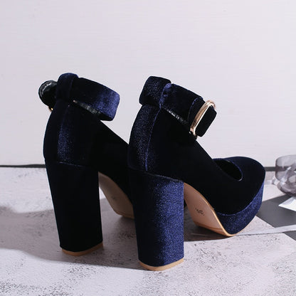 Women's Velvet Round Toe Platform Chunky Heels Wedge Heels Blue High Dsers