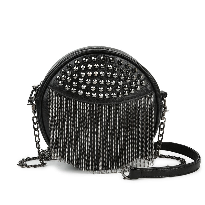 Women's Round Riveted Punk Theme Shoulder Bag with Chain Tassels Dser