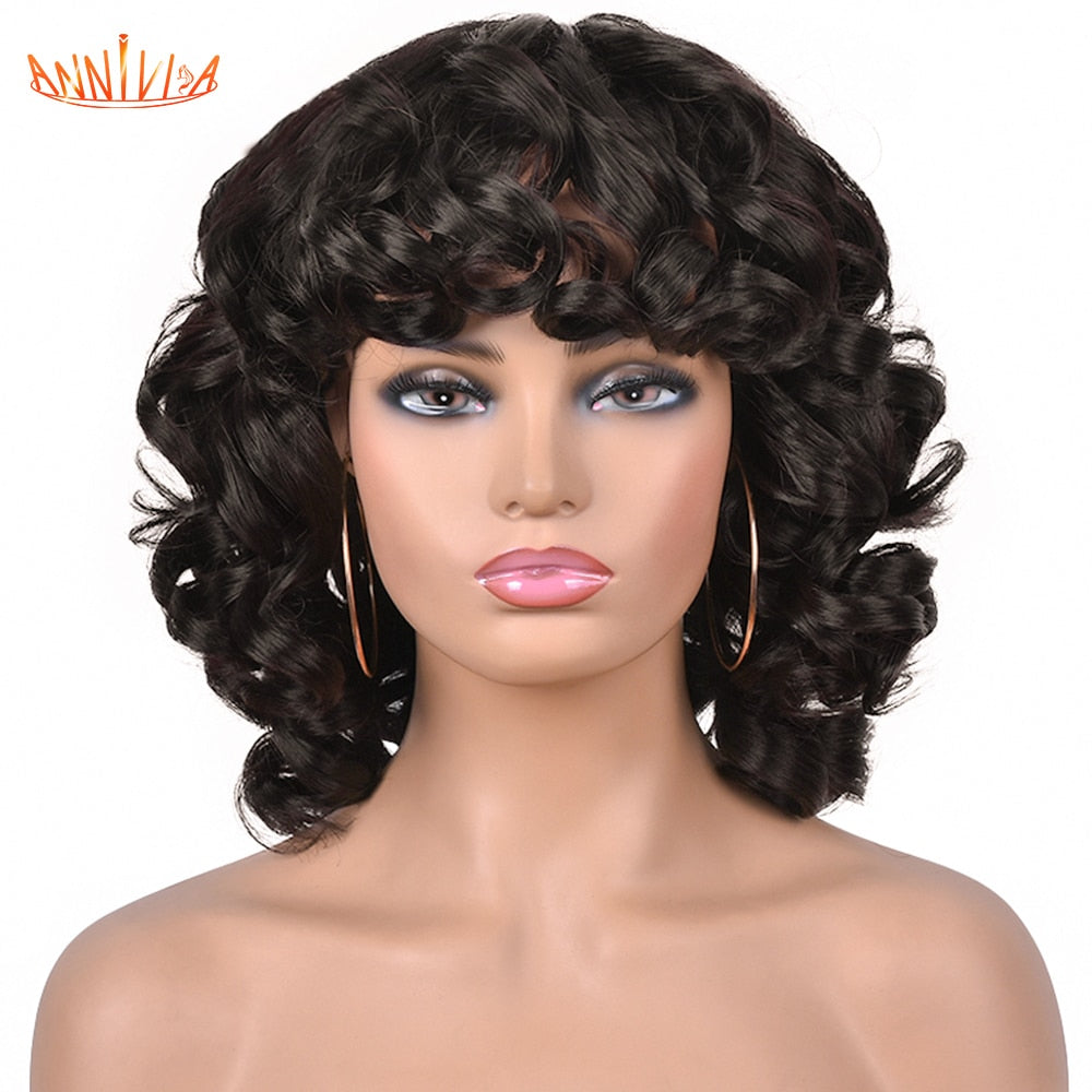 Short Hair Afro Curly Wig With Bangs For Black Women Synthetic Ombre Glueless Cosplay Wigs High Temperature Annivia