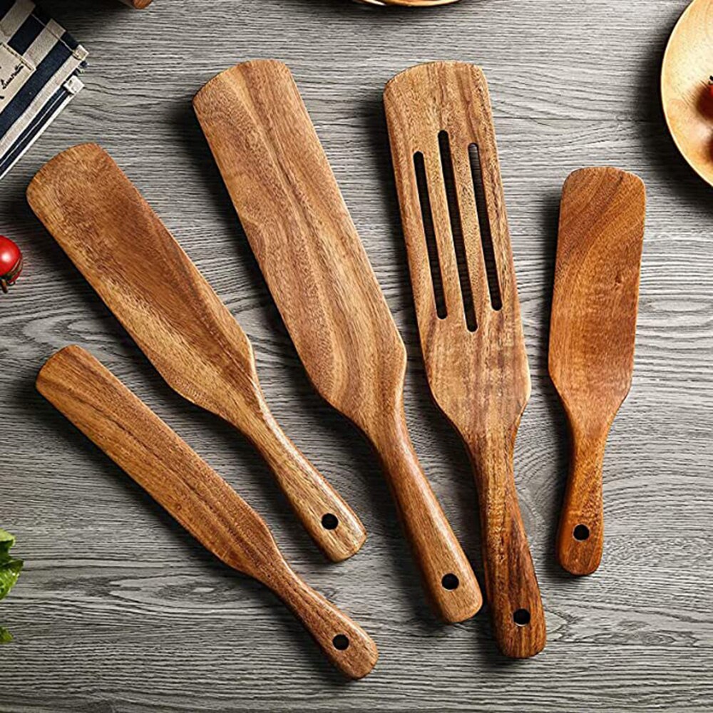 Wooden Kitchen Utensil Set, Acacia Spurtle Kitchen Sets Non-Stick Wooden Cooking Utensils Spatula Slotted Spurtle Spatula Sets Dsers