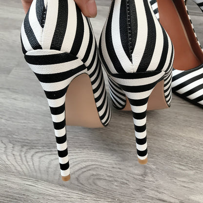 Women's Black and White Striped Pointed Toed Stilettos Dsers