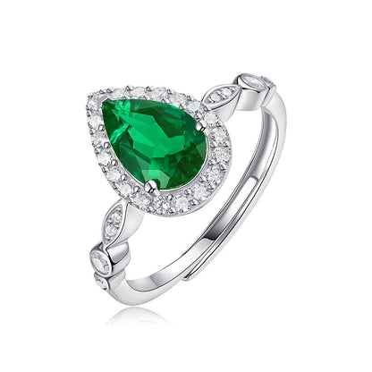 Green Teardrop-Shaped 925 Sterling Silver Adjustable Rings