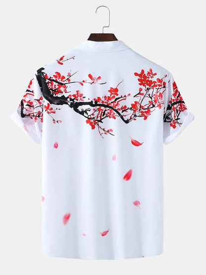 Southeast Asian European And American Men's Casual Ink Painting Plum Short-sleeved Shirt Beach Shirt Men SupDropshipping