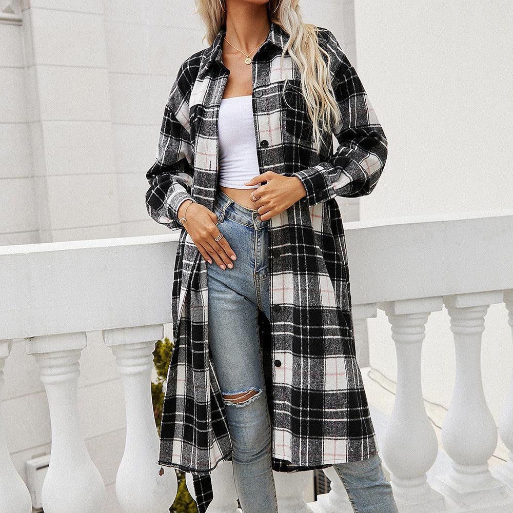 Plaid Belted Button Down Longline Shirt Jacket Trendsi