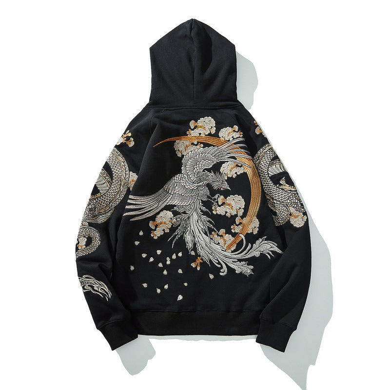 Three Generations Of Yokosuka Embroidery Four Mythical Beasts Shuanglong Suzaku Hooded Sweater Chinese Style Phoenix Plus Velvet Thick Autumn And Winter New SupDropshipping