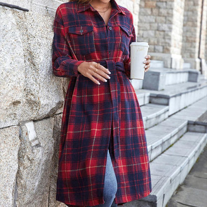 Plaid Belted Button Down Longline Shirt Jacket Trendsi