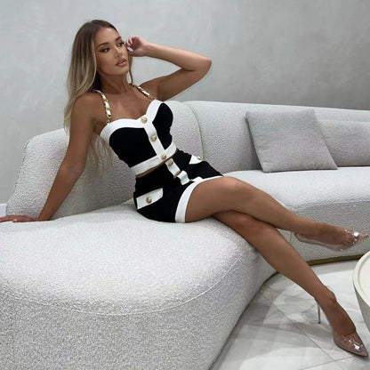 Black Sling Bandage Sexy Two-piece Suit Button Tight Nightclub Cocktail Dress Set