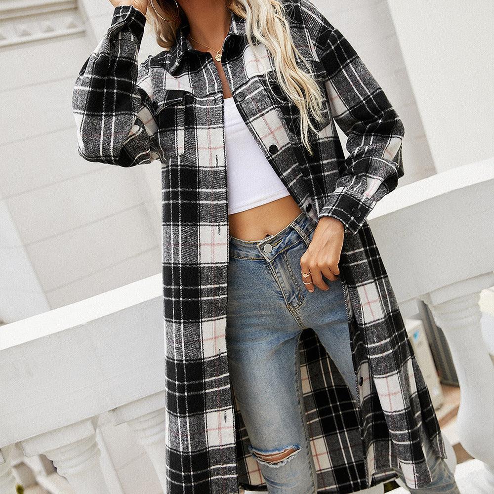 Plaid Belted Button Down Longline Shirt Jacket Trendsi