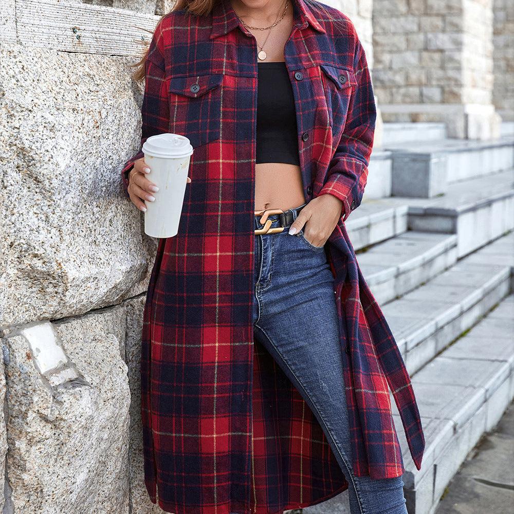 Plaid Belted Button Down Longline Shirt Jacket Trendsi