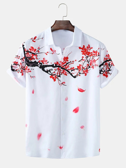 Southeast Asian European And American Men's Casual Ink Painting Plum Short-sleeved Shirt Beach Shirt Men SupDropshipping