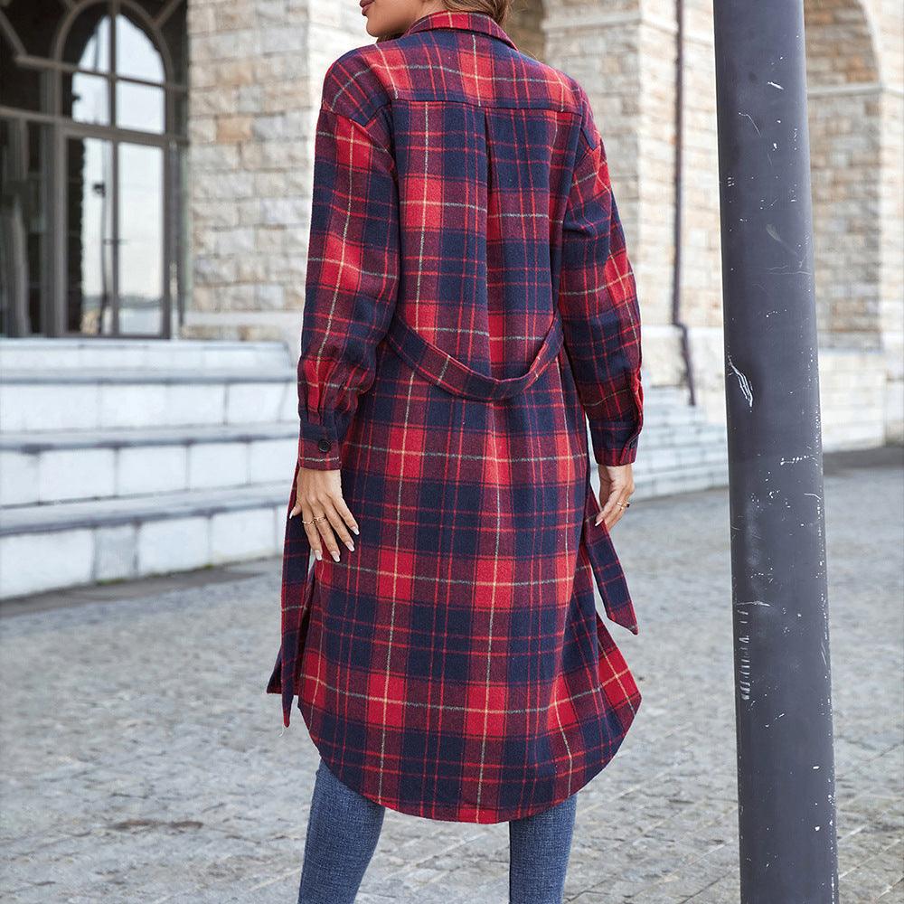 Plaid Belted Button Down Longline Shirt Jacket Trendsi