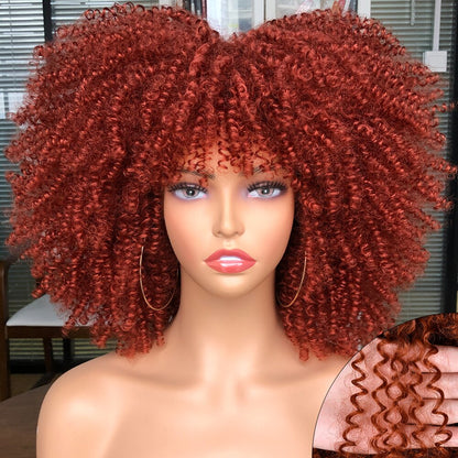 Short Afro Kinky Curly Wig With Bangs For Black Women Cosplay Lolita Natural Hair Ombre Mixed Brown Synthetic African Wigs