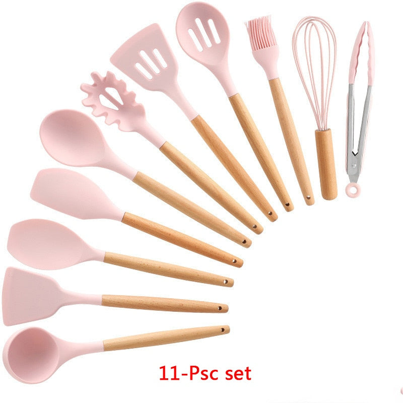 Silicone Cooking Utensils 11/12/13Pcs Kitchen Utensil Set Non-stick Spatula Wooden Handle with Storage Box Kitchen Appliances Dsers