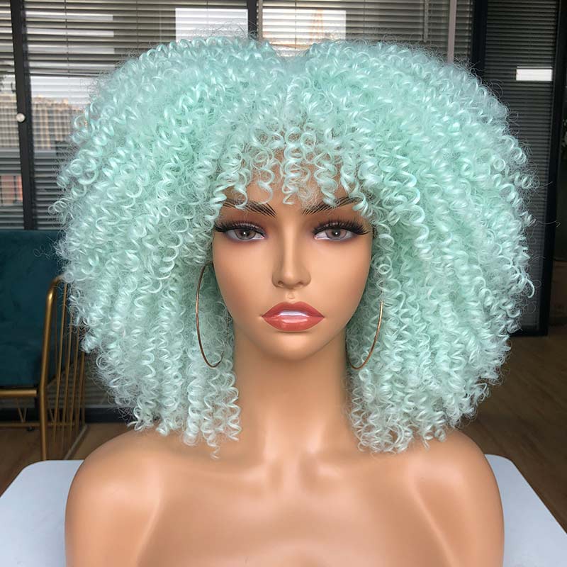 Short Afro Kinky Curly Wig With Bangs For Black Women Cosplay Lolita Natural Hair Ombre Mixed Brown Synthetic African Wigs