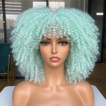 Short Afro Kinky Curly Wig With Bangs For Black Women Cosplay Lolita Natural Hair Ombre Mixed Brown Synthetic African Wigs