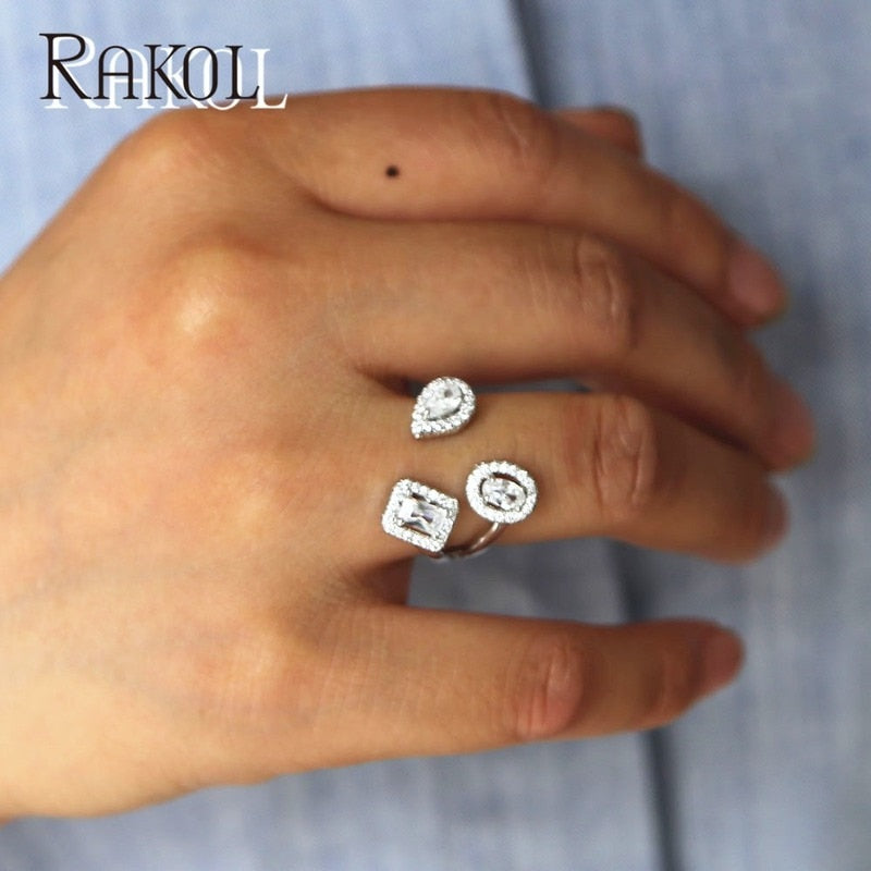 RAKOL Luxury Geometric Cubic Zirconia Open Rings for Women Fashion Anniversary Best Birthday Party Dress Trendy Jewelry Dsers