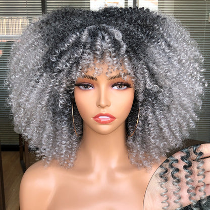 Short Afro Kinky Curly Wig With Bangs For Black Women Cosplay Lolita Natural Hair Ombre Mixed Brown Synthetic African Wigs