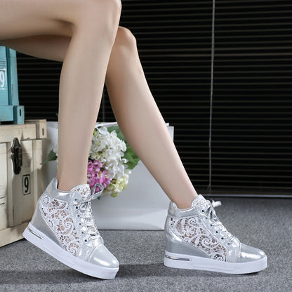 Summer Women Lace Casual Shoes Woman Breathable Mesh Sneakers Flats Lace Loafers High Heels Platform Wedges Ladies Creepers Dsers