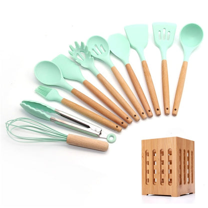 Silicone Cooking Utensils 11/12/13Pcs Kitchen Utensil Set Non-stick Spatula Wooden Handle with Storage Box Kitchen Appliances Dsers