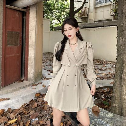 New Lapel Long-sleeved Dress, New Korean Style Shawl, Double-breasted Waist Suit, Thin Skirt Above Knee, Mini  Lantern Sleeve Dsers