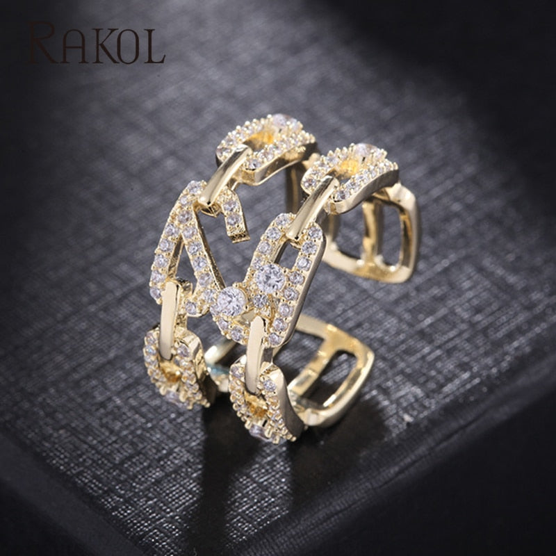 RAKOL Luxury Geometric Cubic Zirconia Open Rings for Women Fashion Anniversary Best Birthday Party Dress Trendy Jewelry Dsers