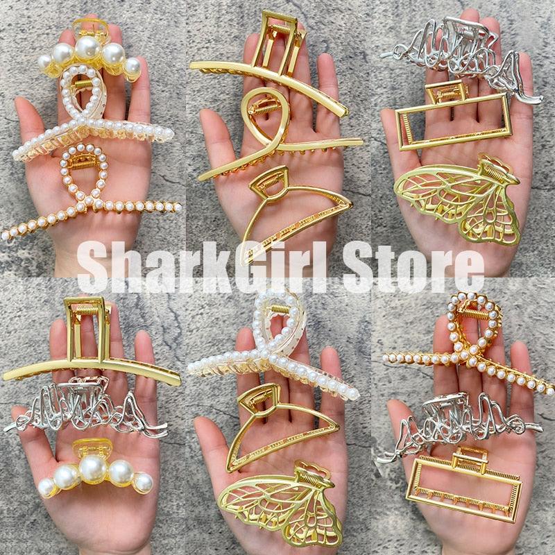 Pearl Hair Claw Set Clip for Women Gold Color Hairpins Metal Hair Accessories Geometric Hollow Pincer Barrette Crystal Clip Big Dsers