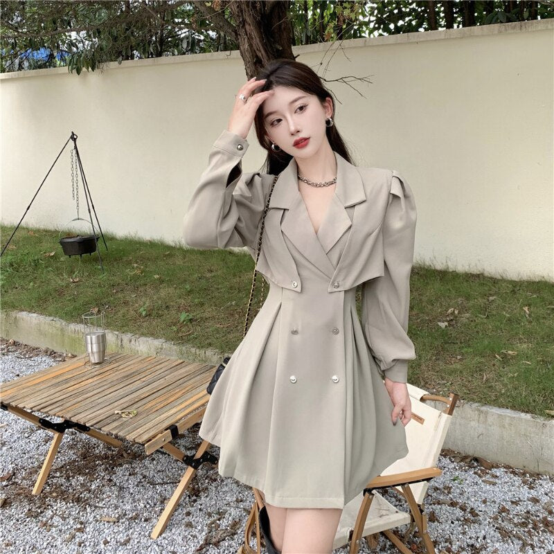 New Lapel Long-sleeved Dress, New Korean Style Shawl, Double-breasted Waist Suit, Thin Skirt Above Knee, Mini  Lantern Sleeve Dsers