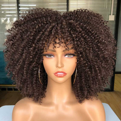 Short Afro Kinky Curly Wig With Bangs For Black Women Cosplay Lolita Natural Hair Ombre Mixed Brown Synthetic African Wigs