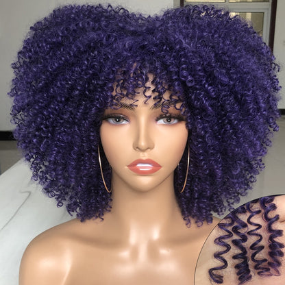 Short Afro Kinky Curly Wig With Bangs For Black Women Cosplay Lolita Natural Hair Ombre Mixed Brown Synthetic African Wigs