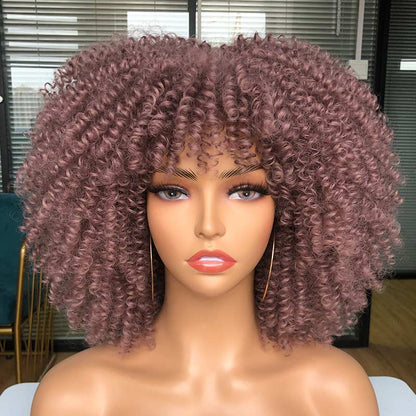 Short Afro Kinky Curly Wig With Bangs For Black Women Cosplay Lolita Natural Hair Ombre Mixed Brown Synthetic African Wigs