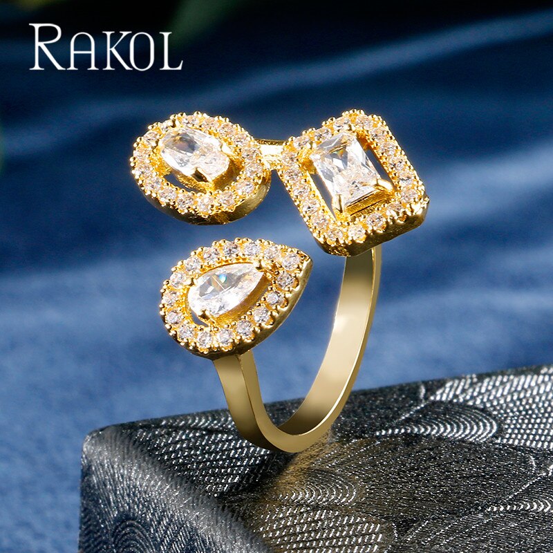 RAKOL Luxury Geometric Cubic Zirconia Open Rings for Women Fashion Anniversary Best Birthday Party Dress Trendy Jewelry Dsers