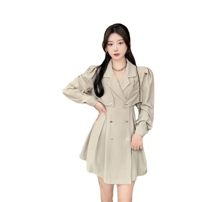 New Lapel Long-sleeved Dress, New Korean Style Shawl, Double-breasted Waist Suit, Thin Skirt Above Knee, Mini  Lantern Sleeve Dsers