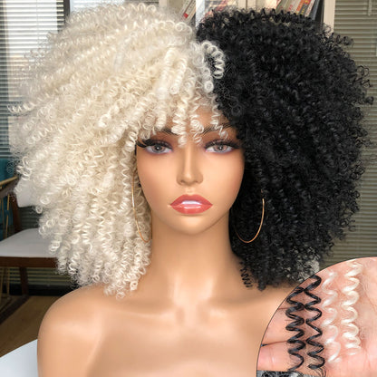 Short Afro Kinky Curly Wig With Bangs For Black Women Cosplay Lolita Natural Hair Ombre Mixed Brown Synthetic African Wigs