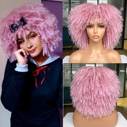 Short Afro Kinky Curly Wig With Bangs For Black Women Cosplay Lolita Natural Hair Ombre Mixed Brown Synthetic African Wigs