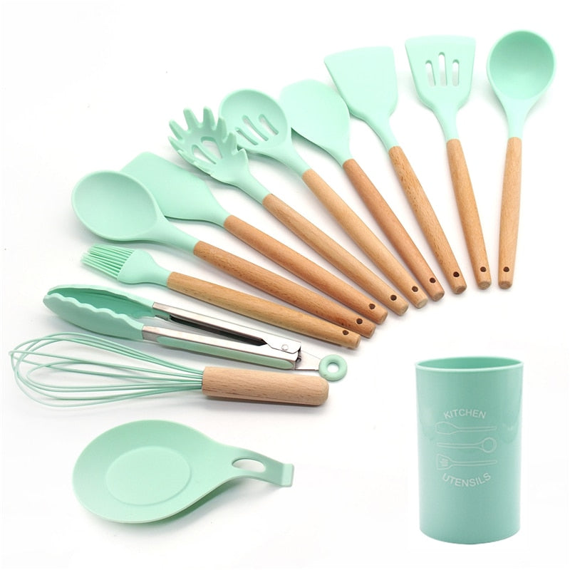 Silicone Cooking Utensils 11/12/13Pcs Kitchen Utensil Set Non-stick Spatula Wooden Handle with Storage Box Kitchen Appliances Dsers