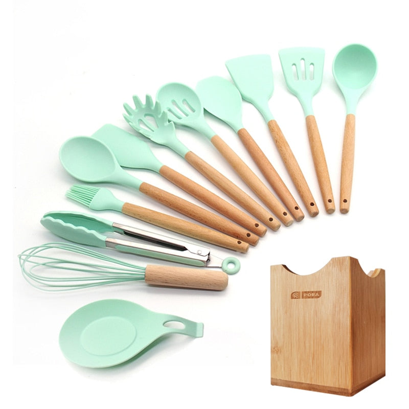 Silicone Cooking Utensils 11/12/13Pcs Kitchen Utensil Set Non-stick Spatula Wooden Handle with Storage Box Kitchen Appliances Dsers