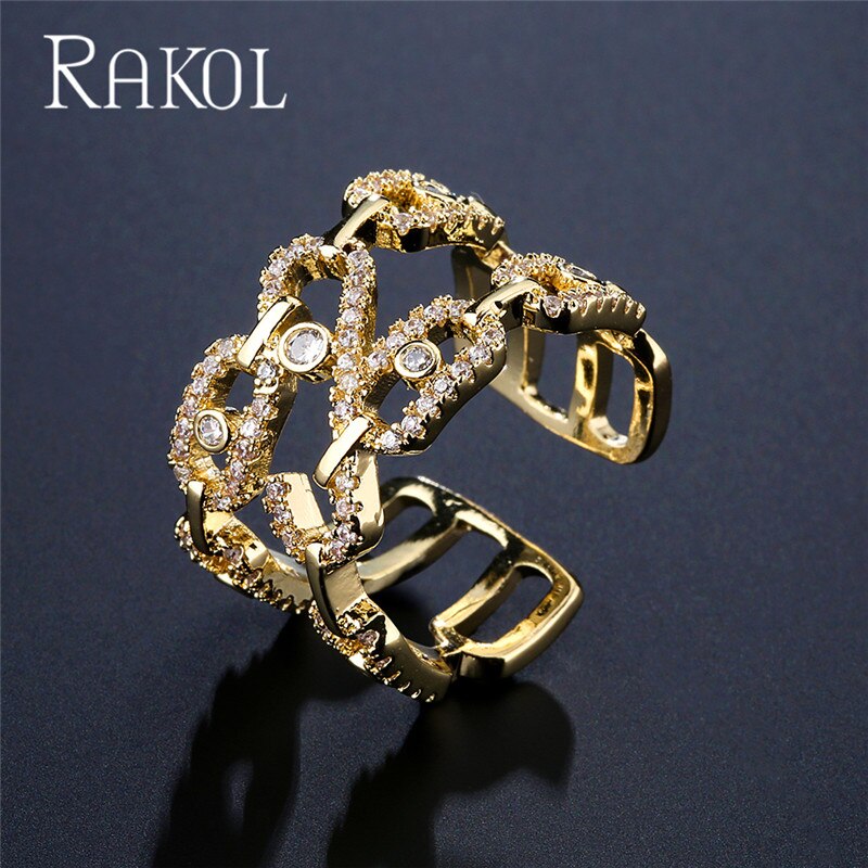 RAKOL Luxury Geometric Cubic Zirconia Open Rings for Women Fashion Anniversary Best Birthday Party Dress Trendy Jewelry Dsers