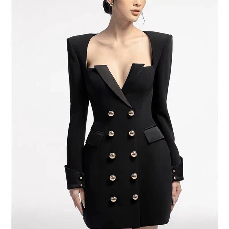 New Fall Fitness Quality Chic Elegant Double Breasted Career Women Blazer Dress Top Quality Dsers